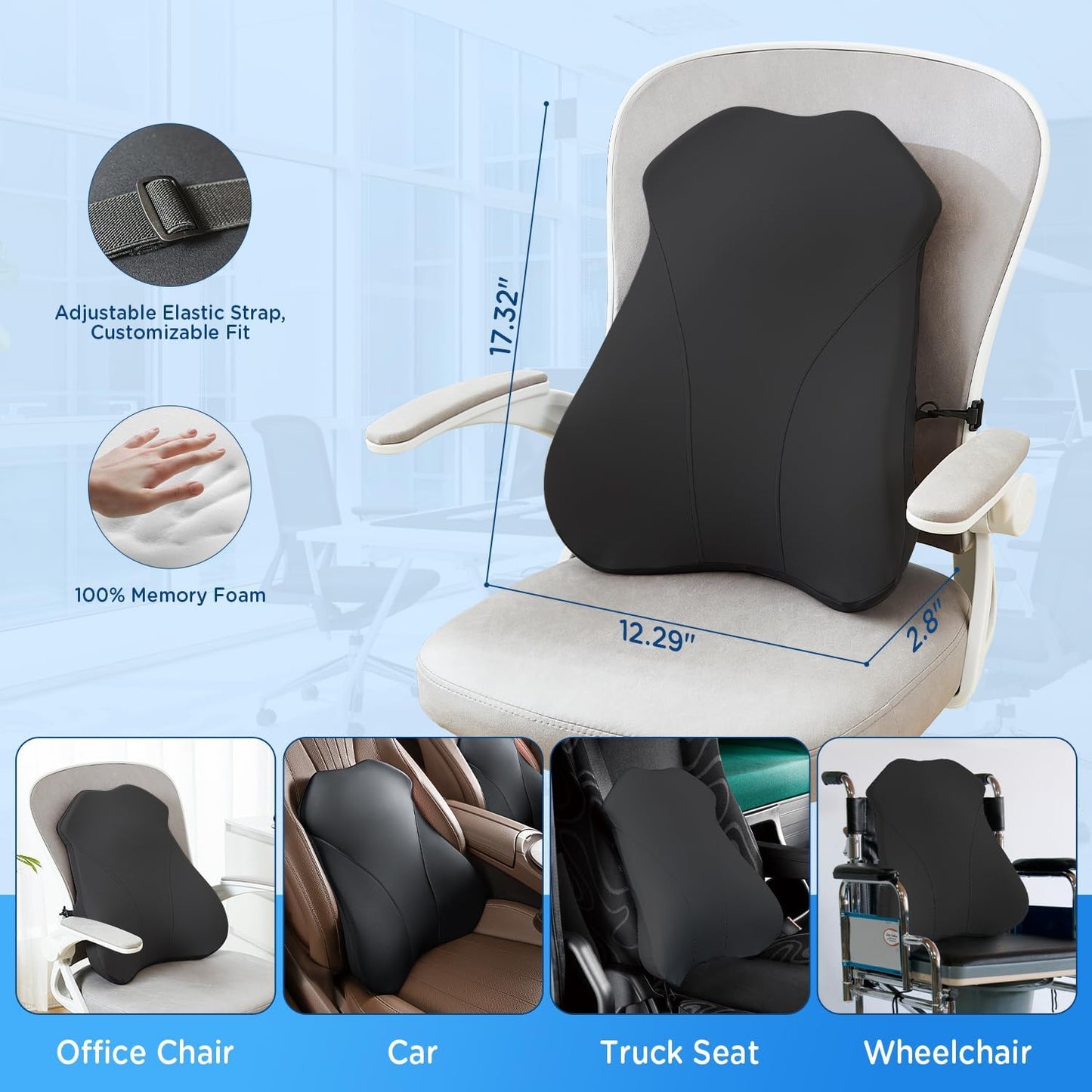 Lumbar Support Pillow for Office Chair Back Support Pillow for Car, Computer, Gaming Chair, Recliner Memory Foam Back Cushion for Pain Relief Improve Posture, Mesh Cover