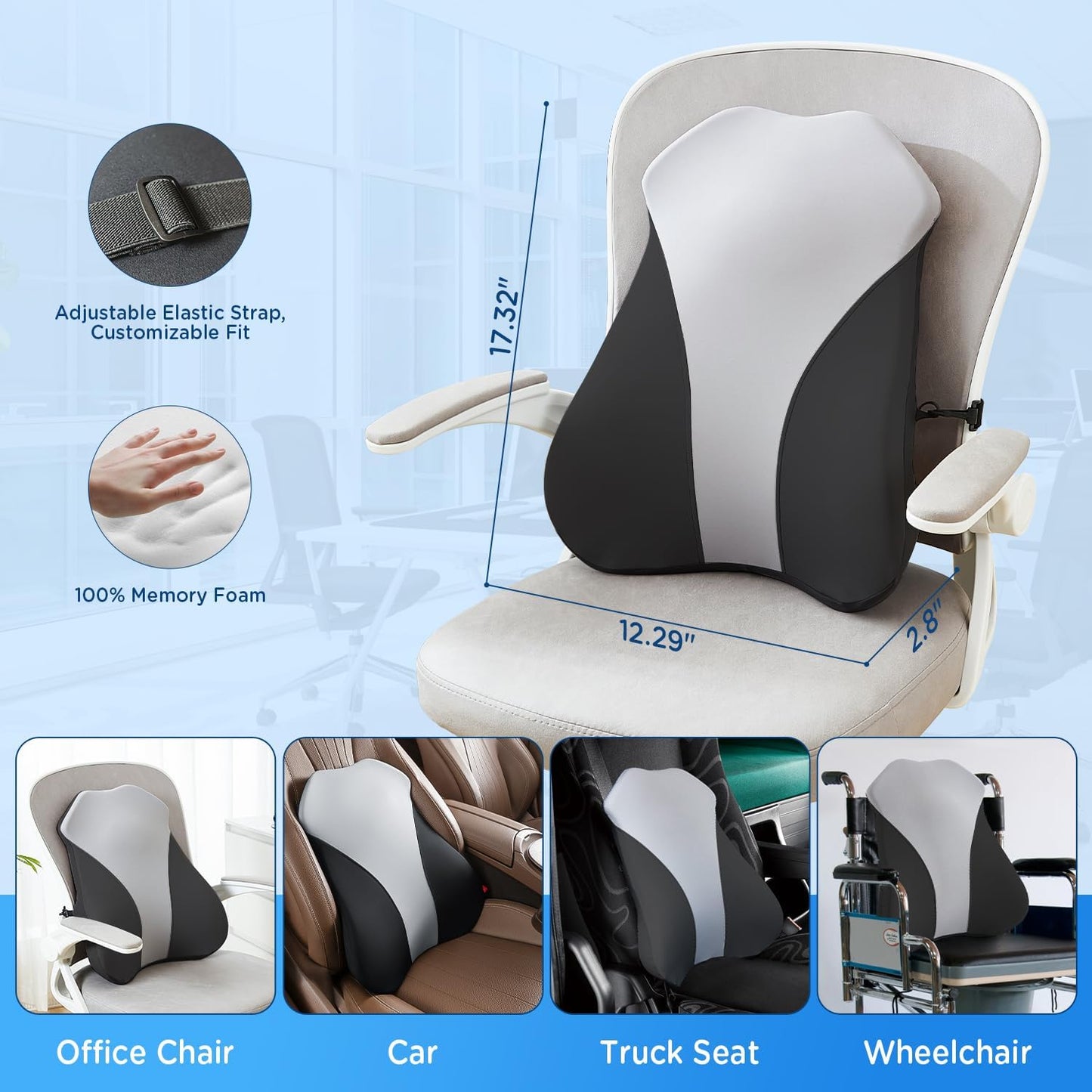 Lumbar Support Pillow for Office Chair Back Support Pillow for Car, Computer, Gaming Chair, Recliner Memory Foam Back Cushion for Pain Relief Improve Posture, Mesh Cover