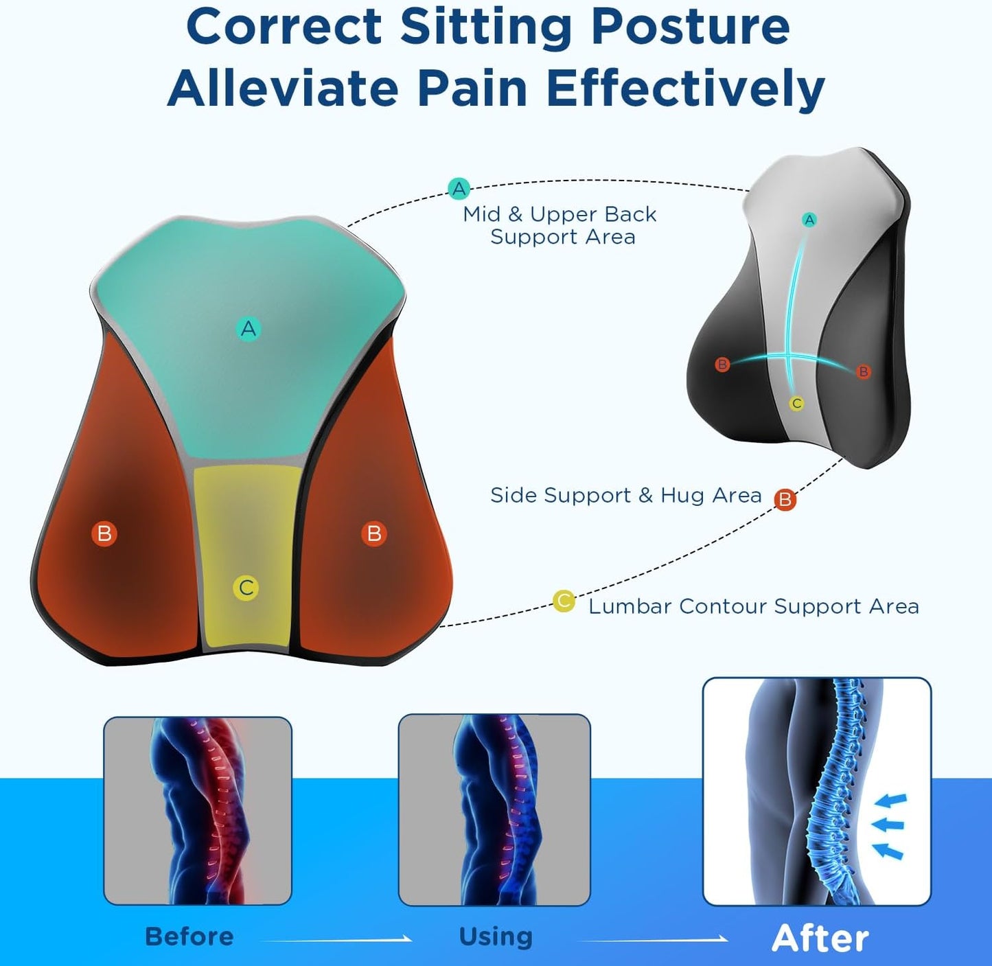 Lumbar Support Pillow for Office Chair Back Support Pillow for Car, Computer, Gaming Chair, Recliner Memory Foam Back Cushion for Pain Relief Improve Posture, Mesh Cover