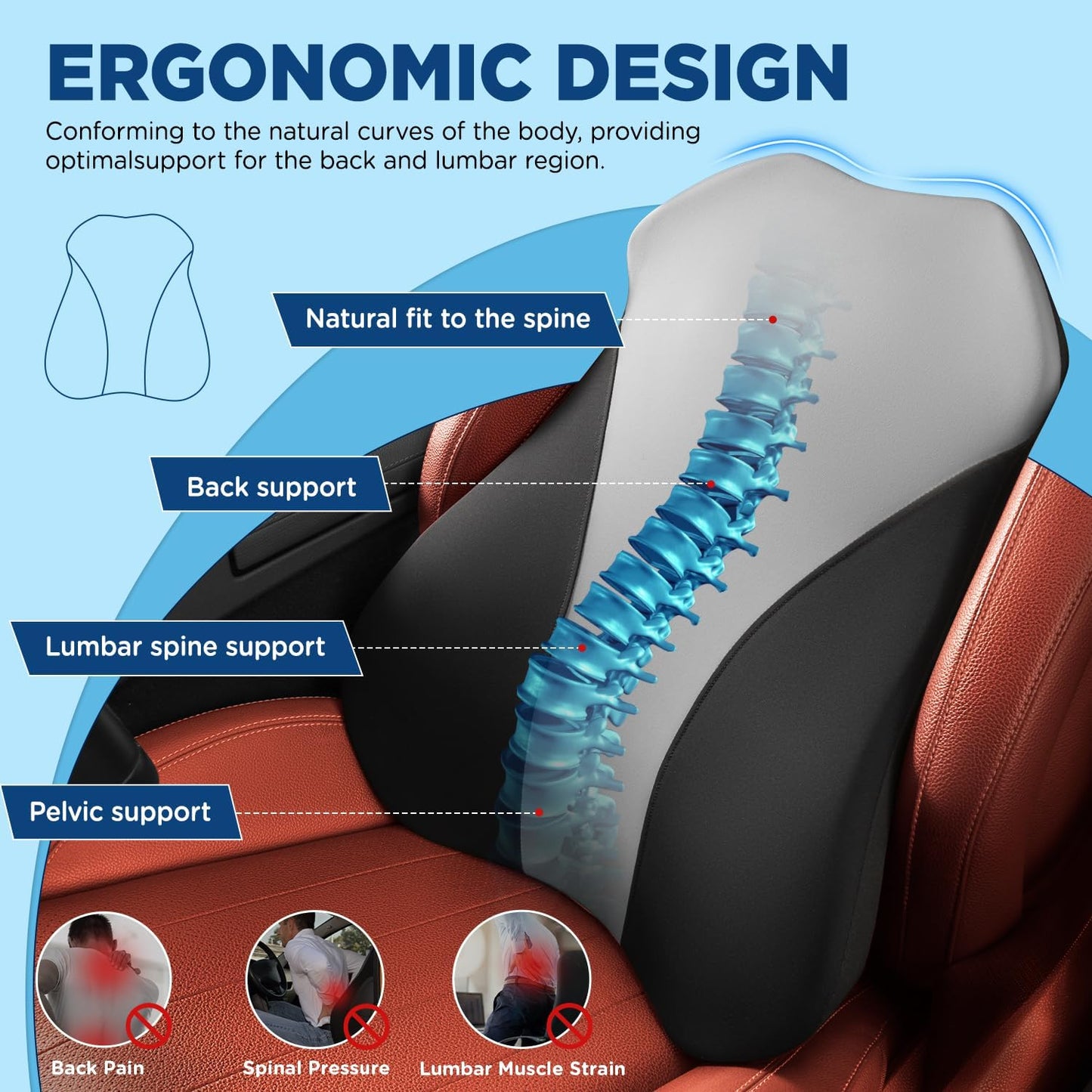 Lumbar Support Pillow for Office Chair Back Support Pillow for Car, Computer, Gaming Chair, Recliner Memory Foam Back Cushion for Pain Relief Improve Posture, Mesh Cover