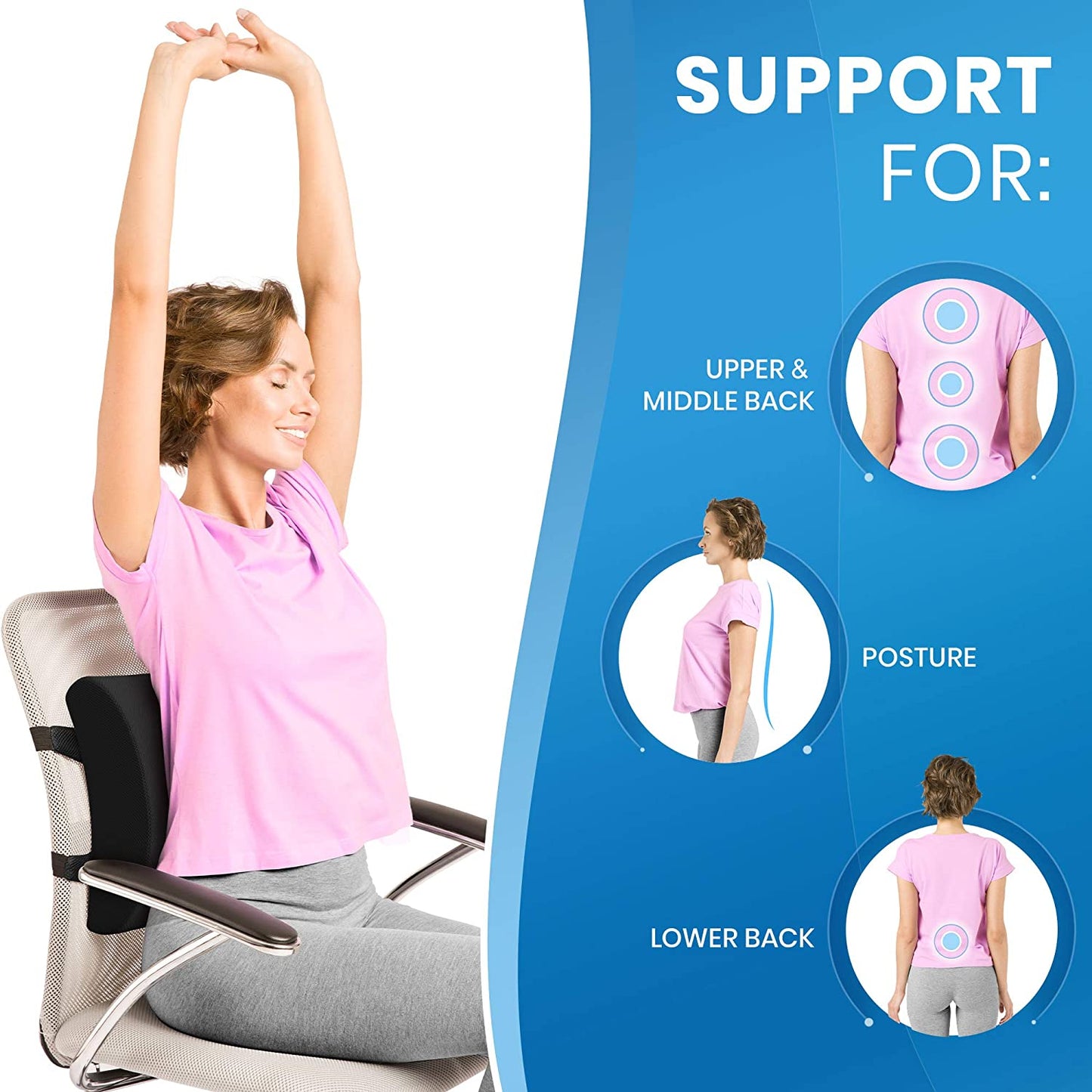 Everlasting Comfort Lumbar Support Pillow for Office Chair Back - Improve Posture While Sitting - Memory Foam Cushion Design for Computer Desk, Car, Gaming, Couch, Recliner