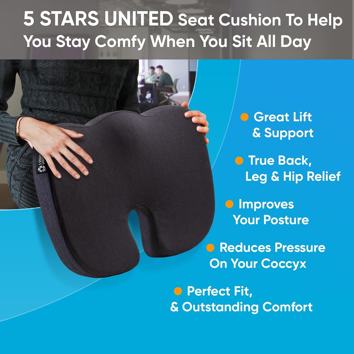 Seat Cushion Pillow for Office Chair - Memory Foam Firm Coccyx Pad - Tailbone, Sciatica, Lower Back Pain Relief - Contoured Posture Corrector for Car, Wheelchair, Computer and Desk Chair